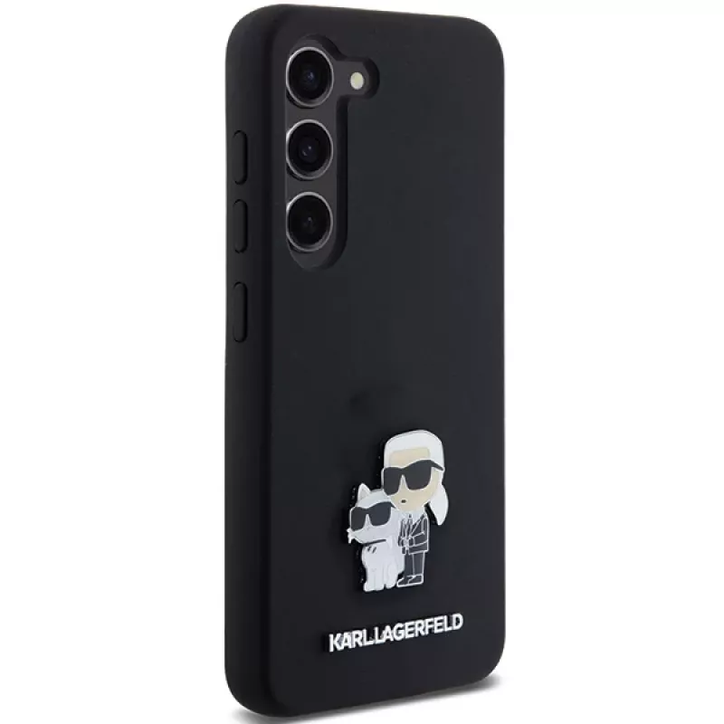 Funda rígida Karl Lagerfeld KLHCS23SSMHKCNPK S23 S911 negra de silicona Karl & Choupette Metal Pin