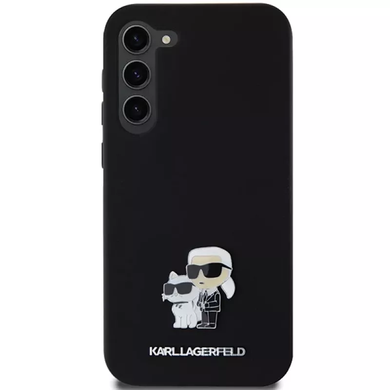 Funda rígida Karl Lagerfeld KLHCS23MSMHKCNPK para Samsung Galaxy S23+ S916, silicona, negra, Karl & Choupette Metal Pin