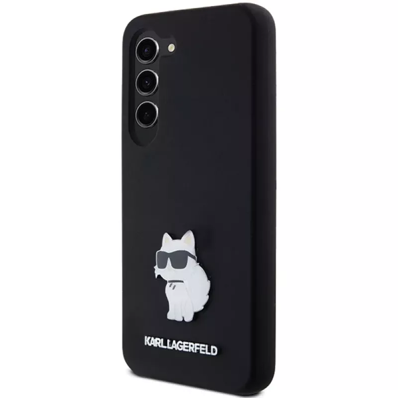 Funda rígida Karl Lagerfeld KLHCS23SSMHCNPK S23 S911 negra de silicona Choupette Metal Pin