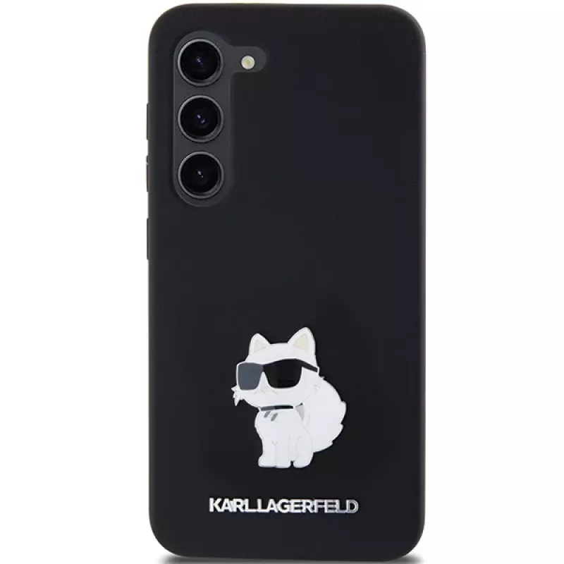 Funda rígida Karl Lagerfeld KLHCS23SSMHCNPK S23 S911 negra de silicona Choupette Metal Pin