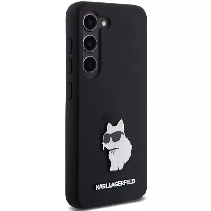 Funda rígida Karl Lagerfeld KLHCS23SSMHCNPK S23 S911 negra de silicona Choupette Metal Pin