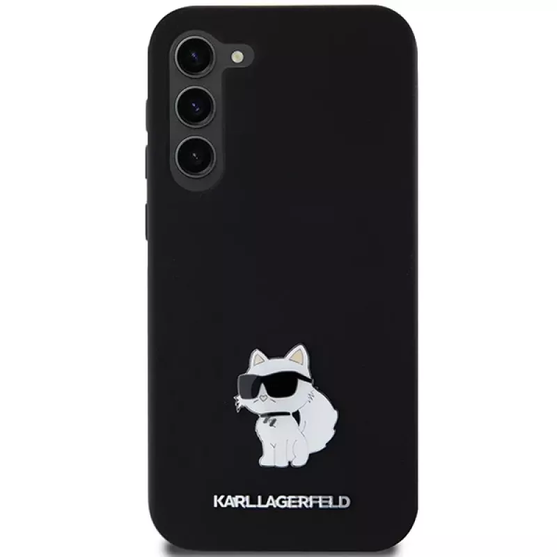 Funda rígida Karl Lagerfeld KLHCS23MSMHCNPK S23+ S916 negra de silicona Choupette Metal Pin