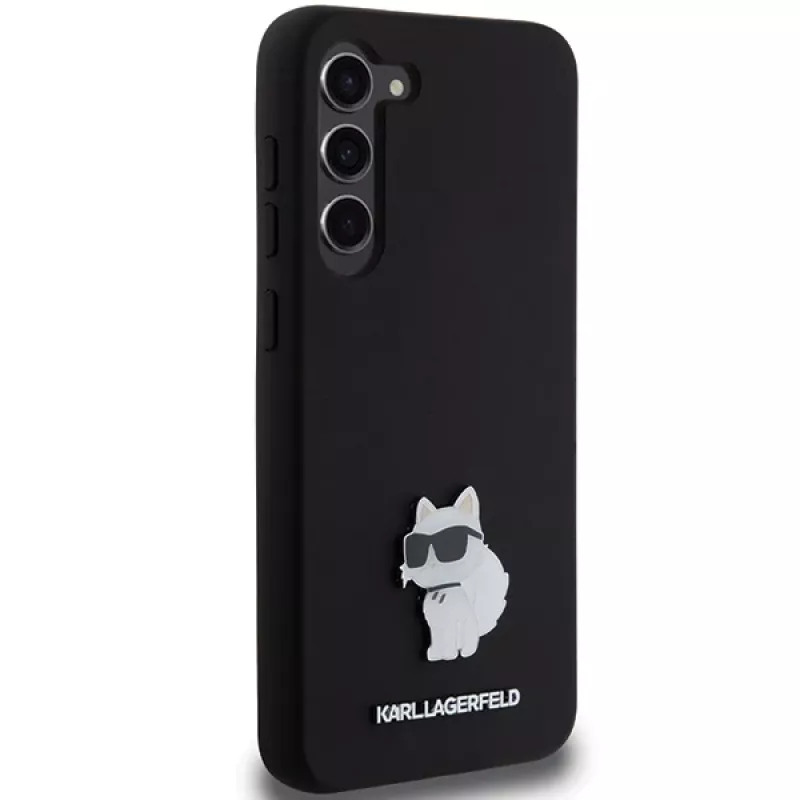 Funda rígida Karl Lagerfeld KLHCS23MSMHCNPK S23+ S916 negra de silicona Choupette Metal Pin
