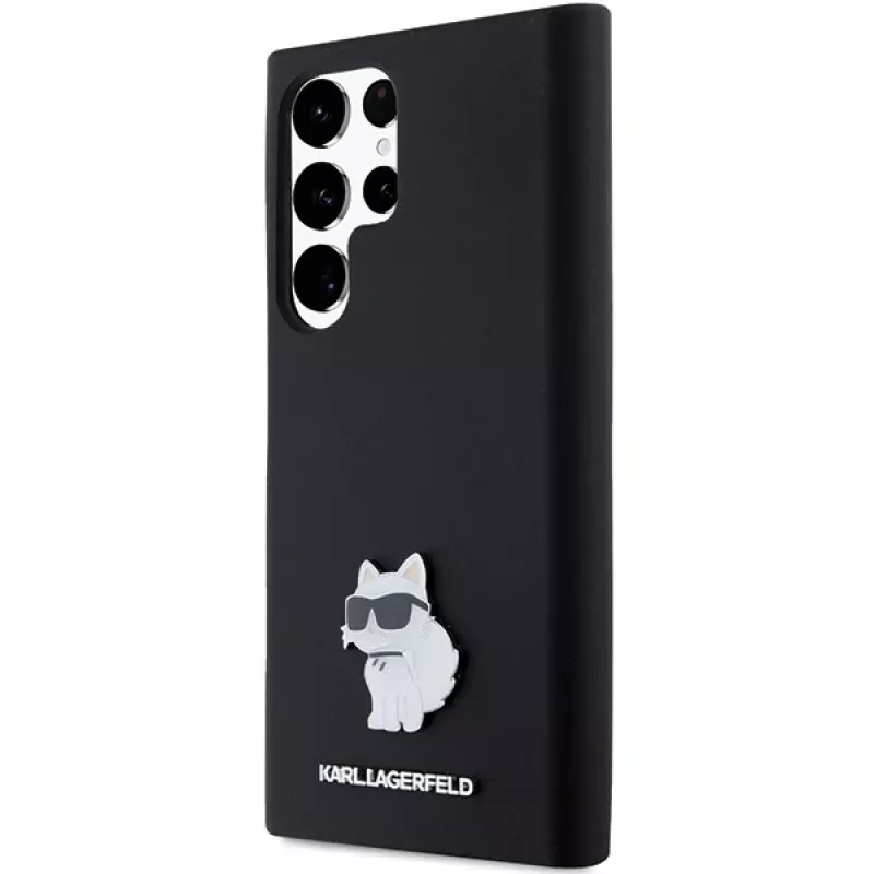 Funda rígida Karl Lagerfeld KLHCS23LSMHCNPK S23 Ultra S918 negra de silicona Choupette Metal Pin