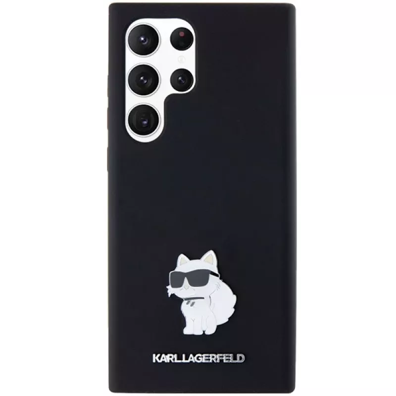 Funda rígida Karl Lagerfeld KLHCS23LSMHCNPK S23 Ultra S918 negra de silicona Choupette Metal Pin