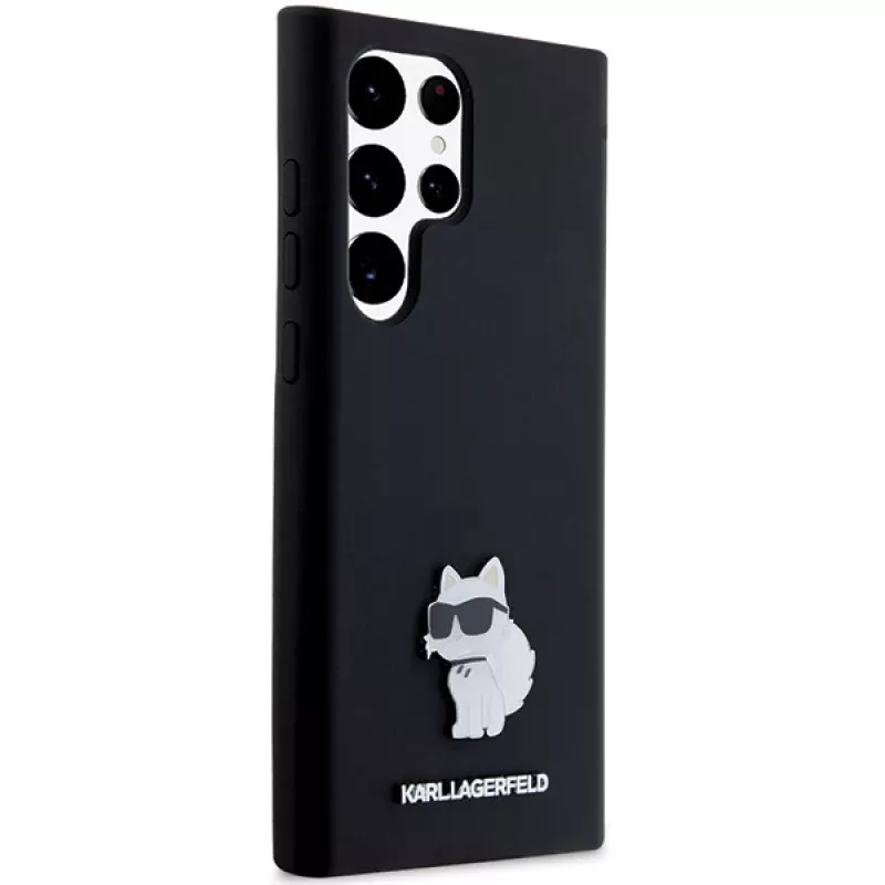 Funda rígida Karl Lagerfeld KLHCS23LSMHCNPK S23 Ultra S918 negra de silicona Choupette Metal Pin