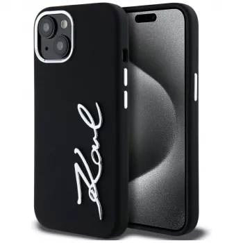 KARL LAGERFELD funda Silicone Metal Script Logo para Apple iPhone 15, negra