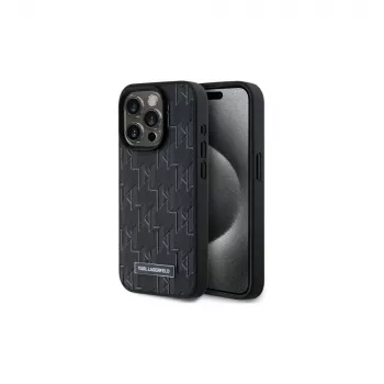 Karl Lagerfeld KLHMP15LPKHPORPK funda rígida iPhone 15 Pro 6.1 piel negra monograma logo metálico MagSafe