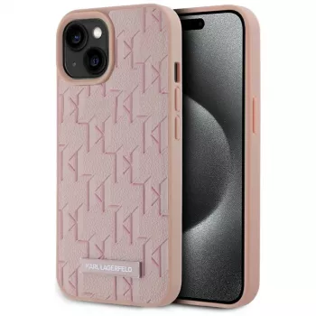 Karl Lagerfeld funda MagSafe de piel monograma logo metálico para iPhone 15 rosa