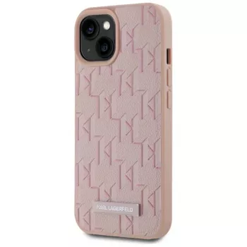 Karl Lagerfeld funda MagSafe de piel monograma logo metálico para iPhone 15 rosa