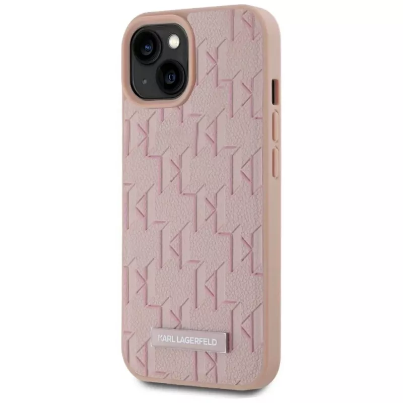 Karl Lagerfeld funda MagSafe de piel monograma logo metálico para iPhone 15 rosa