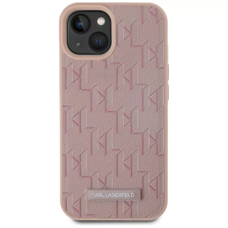 Karl Lagerfeld funda MagSafe de piel monograma logo metálico para iPhone 15 rosa