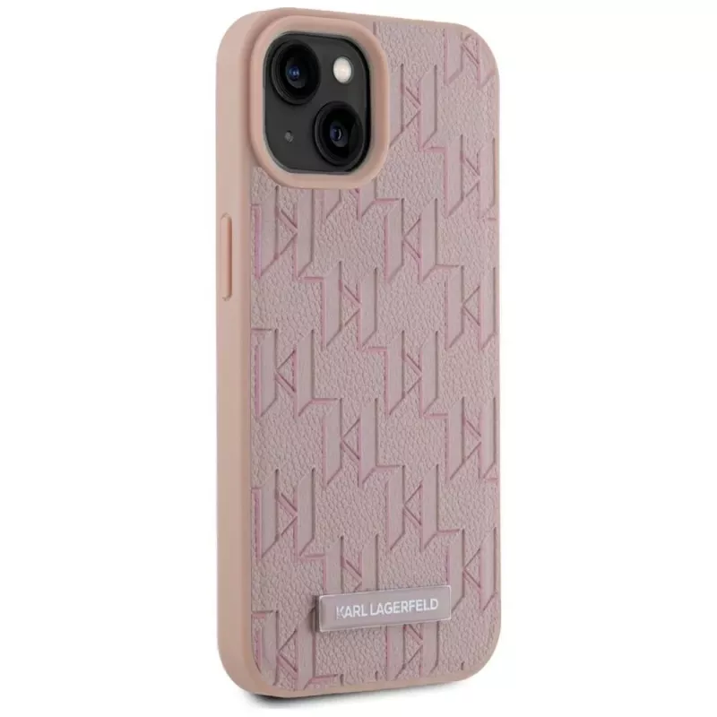 Karl Lagerfeld funda MagSafe de piel monograma logo metálico para iPhone 15 rosa