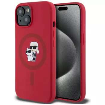KARL LAGERFELD funda de silicona para iPhone 15 con MagSafe y anillo - Karl & Choupette Heads - rojo