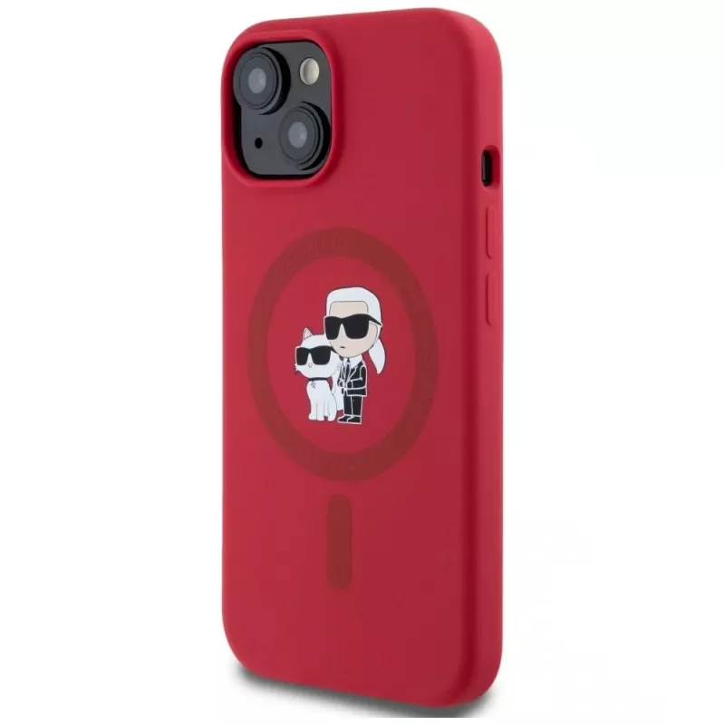 KARL LAGERFELD funda de silicona para iPhone 15 con MagSafe y anillo - Karl & Choupette Heads - rojo