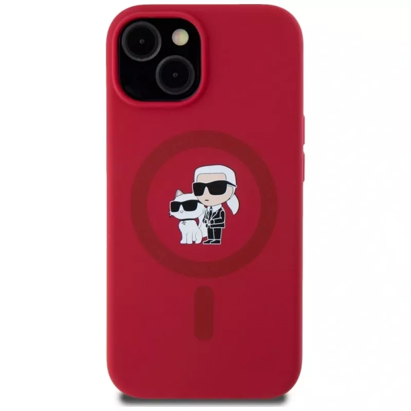 KARL LAGERFELD funda de silicona para iPhone 15 con MagSafe y anillo - Karl & Choupette Heads - rojo