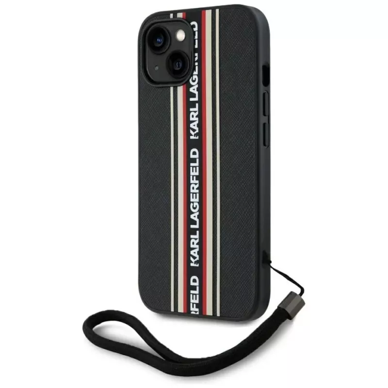 KARL LAGERFELD funda Saffiano Athleisure Stripes Cord para iPhone 15, negro-rojo