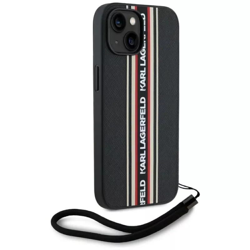 KARL LAGERFELD funda Saffiano Athleisure Stripes Cord para iPhone 15, negro-rojo