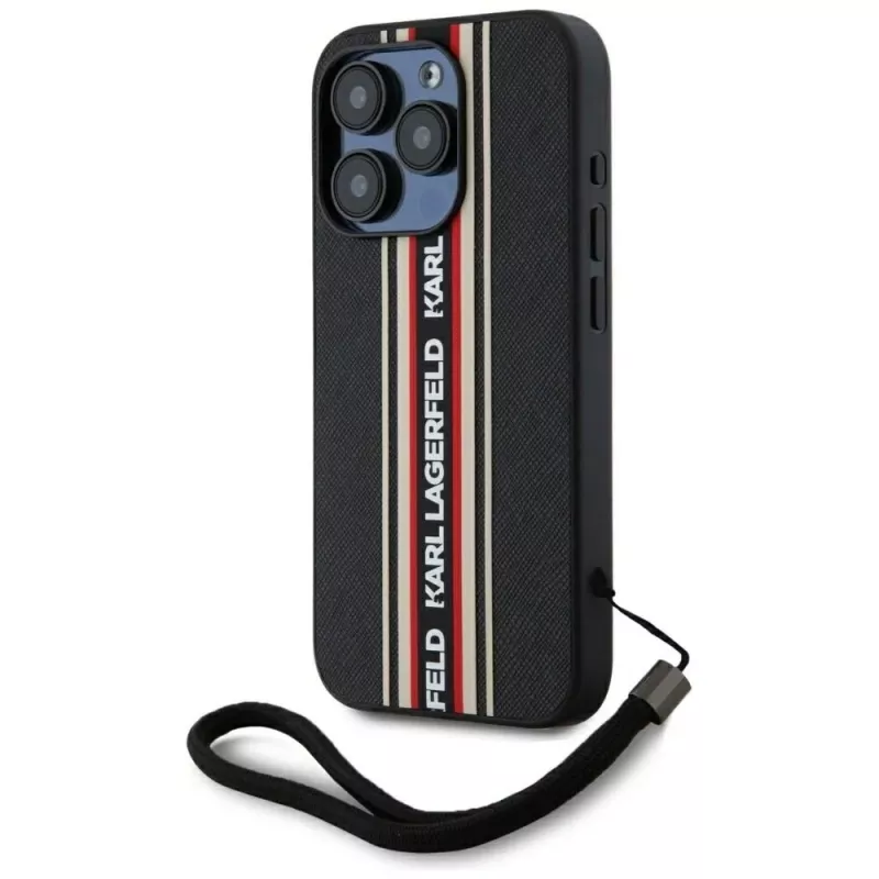 KARL LAGERFELD funda Saffiano Athleisure Stripes Cord para iPhone 15 Pro, negro/rojo