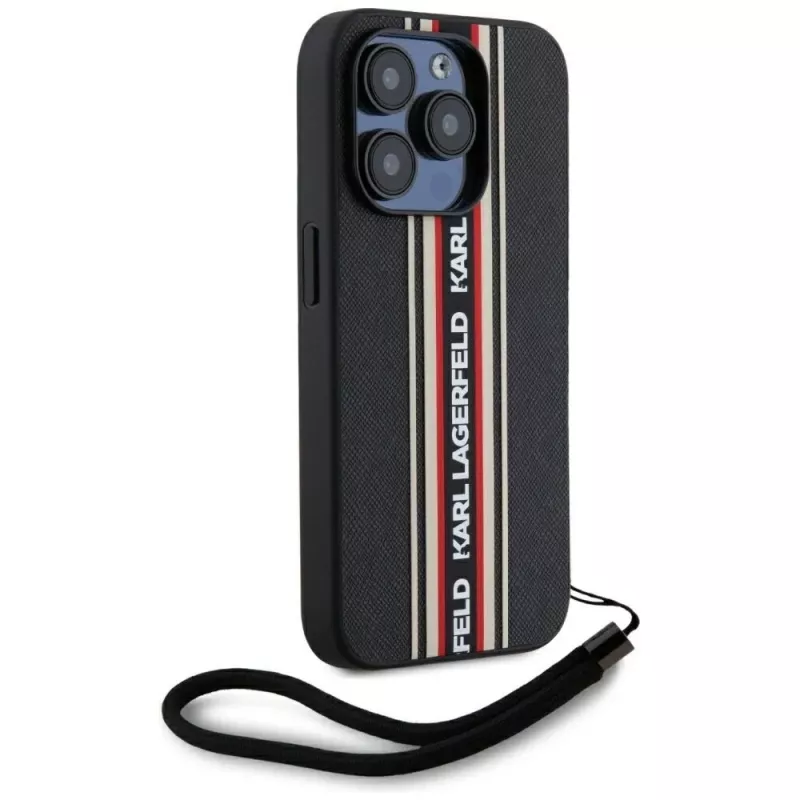 KARL LAGERFELD funda Saffiano Athleisure Stripes Cord para iPhone 15 Pro, negro/rojo