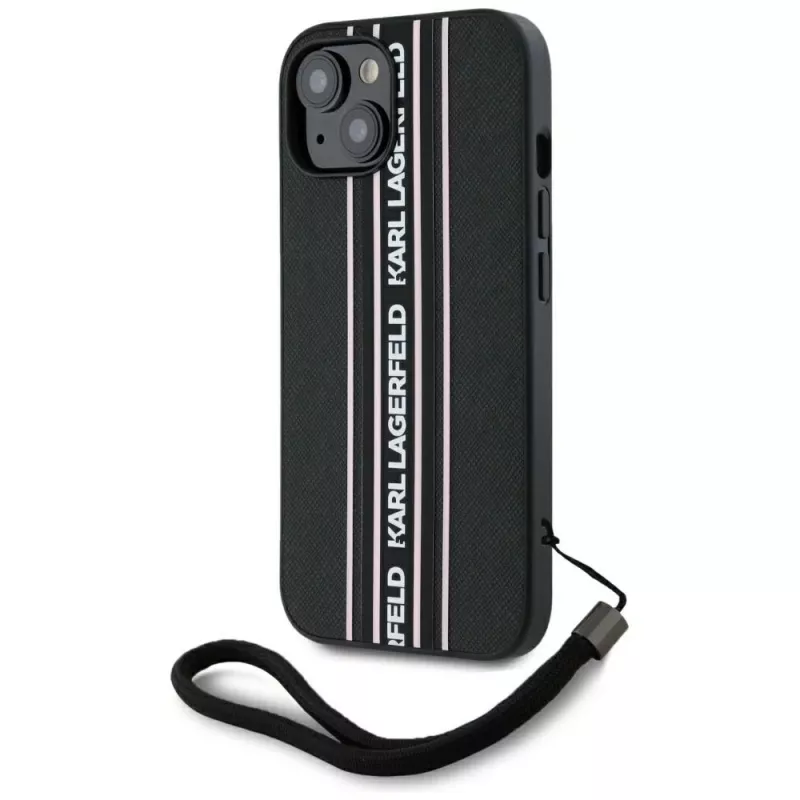Karl Lagerfeld funda Saffiano Athleisure Stripes Cord para iPhone 15, negro-rosa