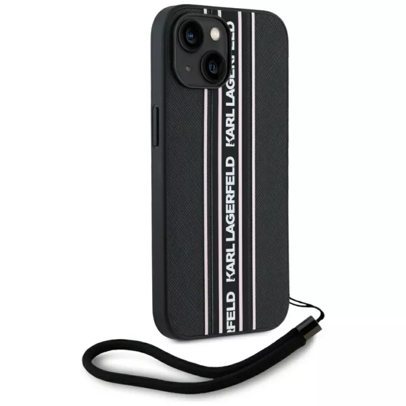 Karl Lagerfeld funda Saffiano Athleisure Stripes Cord para iPhone 15, negro-rosa