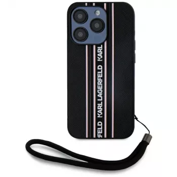 KARL LAGERFELD funda Saffiano Athleisure Stripes Cord para iPhone 15 Pro, negro/rosa
