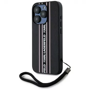 KARL LAGERFELD funda Saffiano Athleisure Stripes Cord para iPhone 15 Pro, negro/rosa