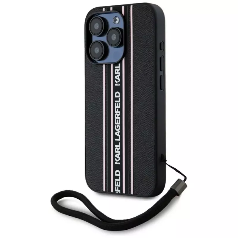 KARL LAGERFELD funda Saffiano Athleisure Stripes Cord para iPhone 15 Pro, negro/rosa
