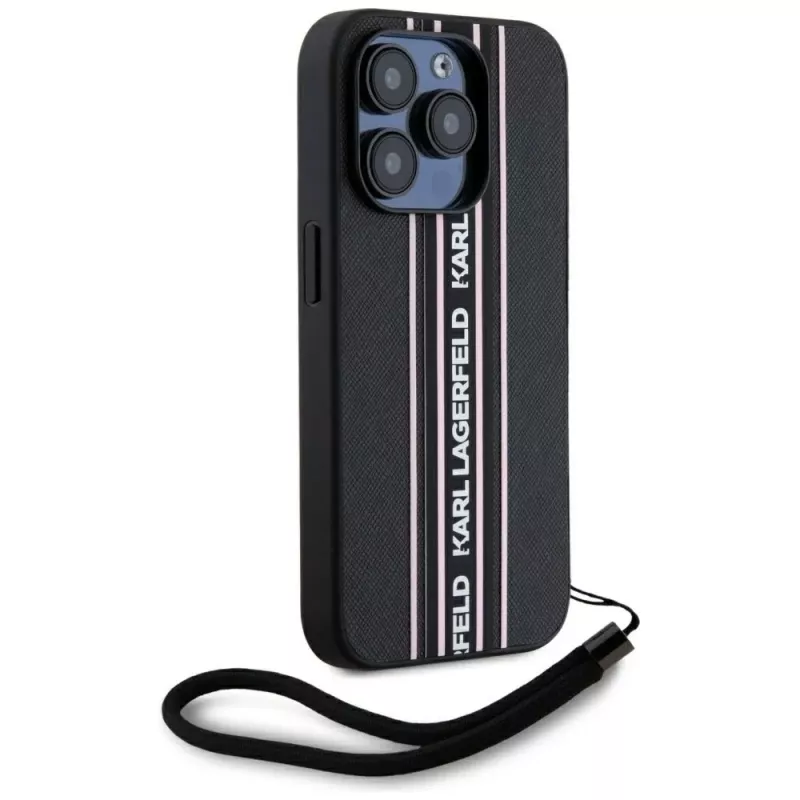 KARL LAGERFELD funda Saffiano Athleisure Stripes Cord para iPhone 15 Pro, negro/rosa