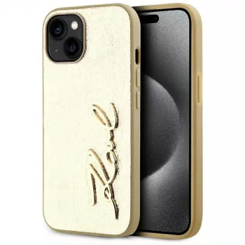 KARL LAGERFELD funda Wrinkled Metal Signature para iPhone 15, dorado