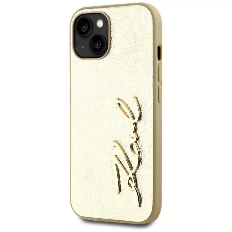 KARL LAGERFELD funda Wrinkled Metal Signature para iPhone 15, dorado