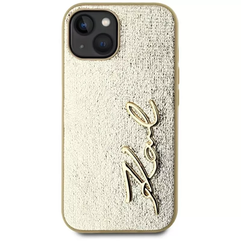 KARL LAGERFELD funda Wrinkled Metal Signature para iPhone 15, dorado