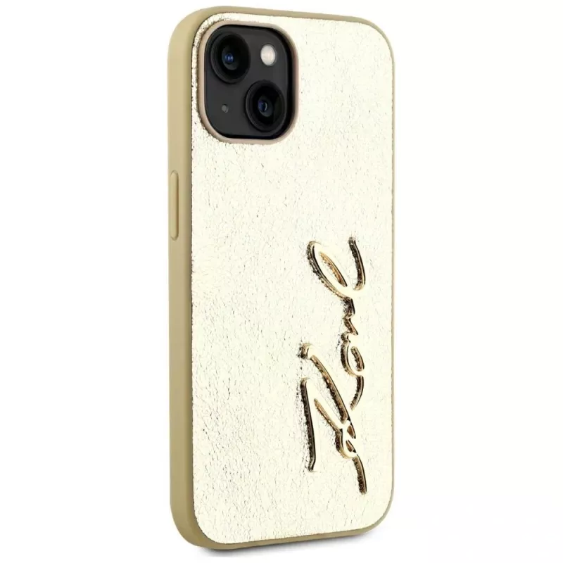 KARL LAGERFELD funda Wrinkled Metal Signature para iPhone 15, dorado
