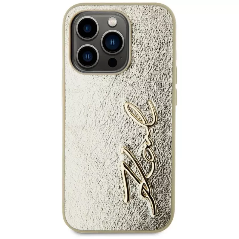 KARL LAGERFELD funda Wrinkled Metal Signature para iPhone 15 Pro - dorado