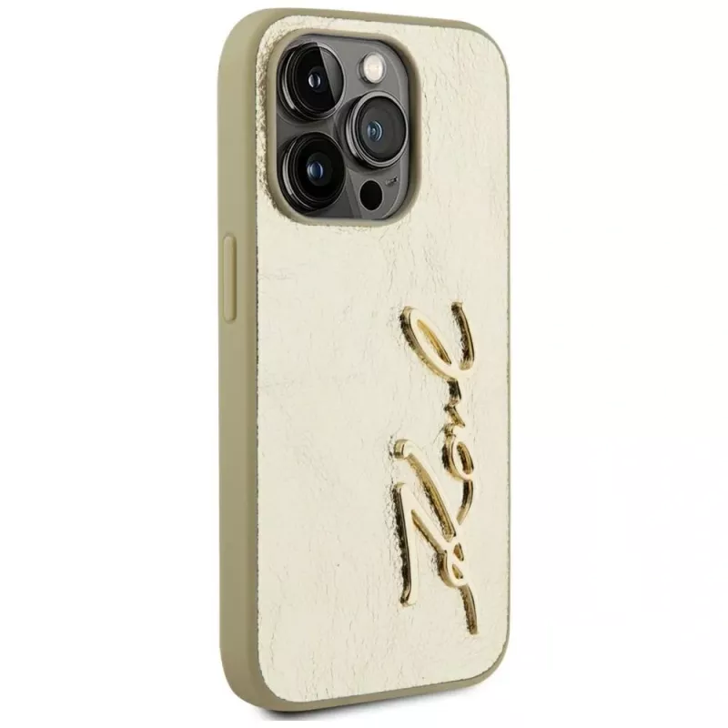 KARL LAGERFELD funda Wrinkled Metal Signature para iPhone 15 Pro - dorado