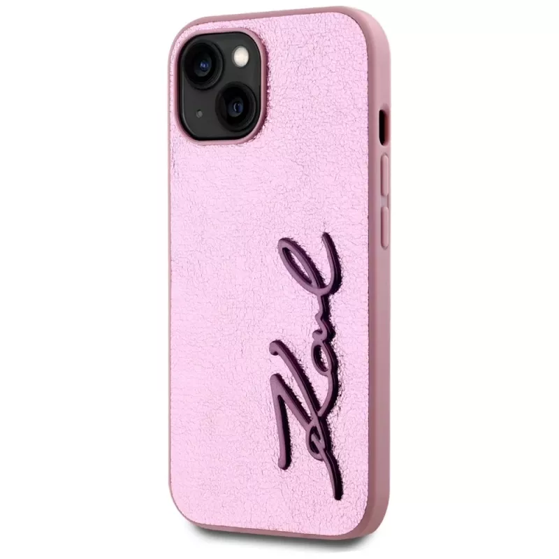 KARL LAGERFELD funda trasera Wrinkled Metal Signature para Apple iPhone 15, rosa