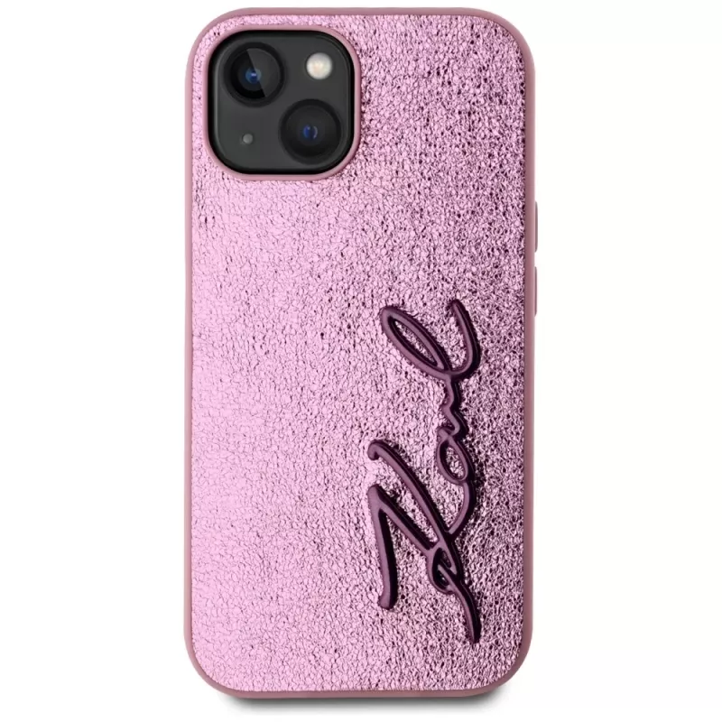 KARL LAGERFELD funda trasera Wrinkled Metal Signature para Apple iPhone 15, rosa
