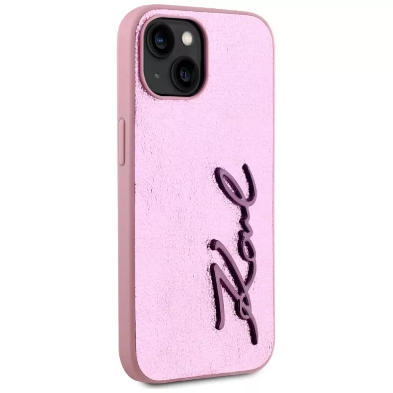 KARL LAGERFELD funda trasera Wrinkled Metal Signature para Apple iPhone 15, rosa