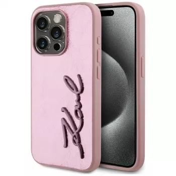 Karl Lagerfeld funda Wrinkled Metal Signature para iPhone 15 Pro, rosa