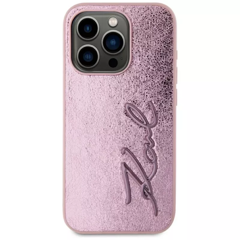 Karl Lagerfeld funda Wrinkled Metal Signature para iPhone 15 Pro, rosa