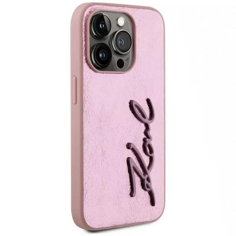 Karl Lagerfeld funda Wrinkled Metal Signature para iPhone 15 Pro, rosa