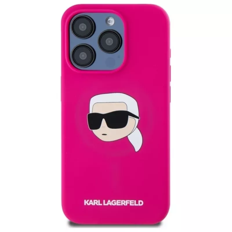 Karl Lagerfeld iPhone 15 Pro 6,1 pulgadas Funda rígida silicona con print cabeza Karl, MagSafe - Fucsia