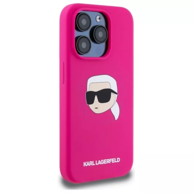 Karl Lagerfeld iPhone 15 Pro 6,1 pulgadas Funda rígida silicona con print cabeza Karl, MagSafe - Fucsia