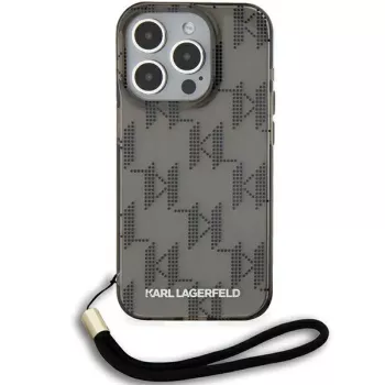 Karl Lagerfeld KLHCP15LHKDPNSK Funda rígida para iPhone 15 Pro 6,1 pulgadas, Negro, IML Mono KL Pattern & Cordón