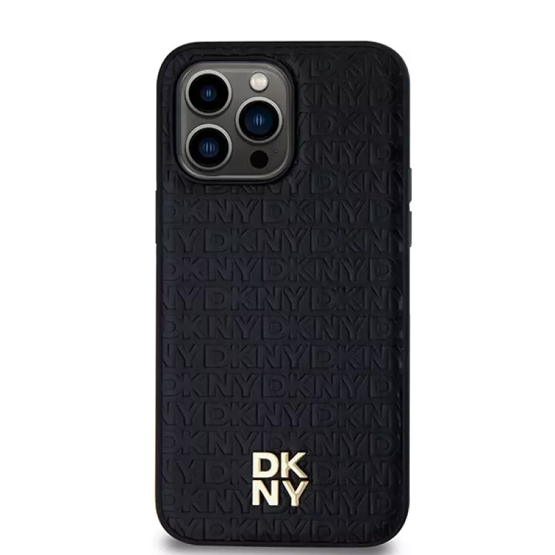 DKNY DKHMP13LPSHRPSK Funda rígida para iPhone 13 Pro / 13, piel sintética negra con logo metálico, MagSafe