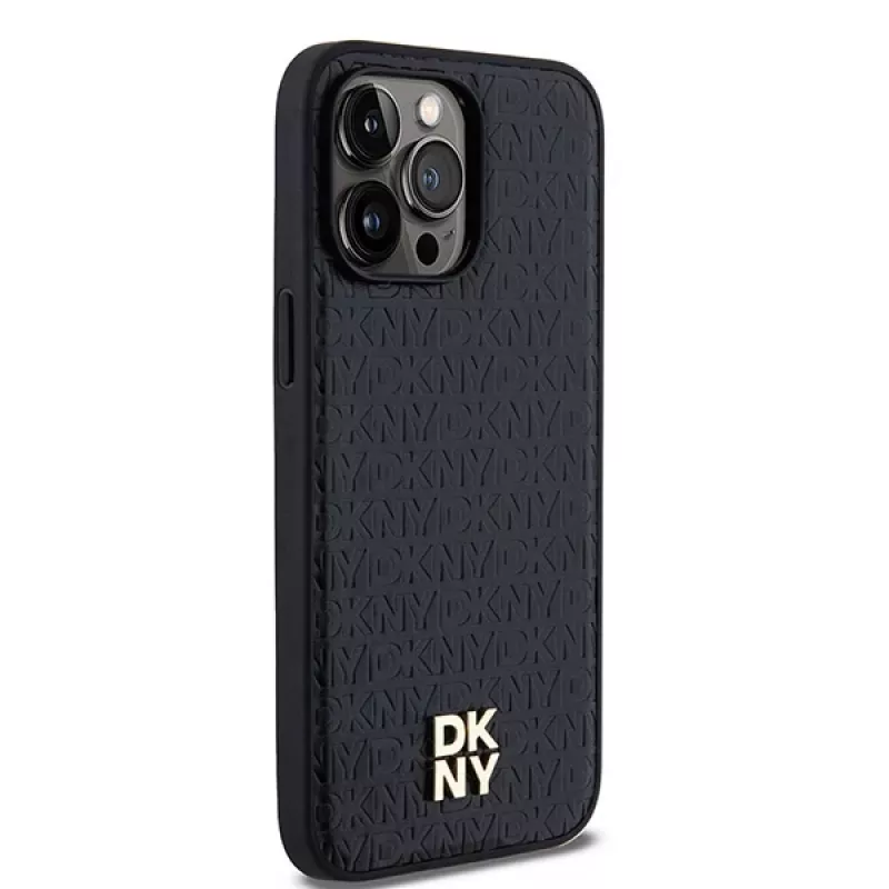 DKNY DKHMP13LPSHRPSK Funda rígida para iPhone 13 Pro / 13, piel sintética negra con logo metálico, MagSafe