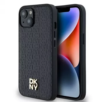 DKNY DKHMP14SPSHRPSK Funda rígida de piel con patrón monograma y logo metálico MagSafe para iPhone 13/14/15, negra