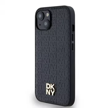 DKNY DKHMP14SPSHRPSK Funda rígida de piel con patrón monograma y logo metálico MagSafe para iPhone 13/14/15, negra