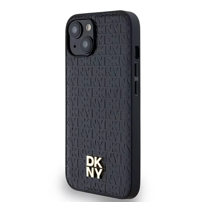 DKNY DKHMP14SPSHRPSK Funda rígida de piel con patrón monograma y logo metálico MagSafe para iPhone 13/14/15, negra
